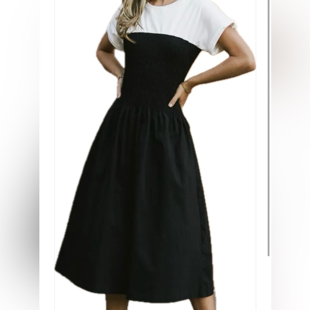 Bohme Black and White Midi Dress with Smocked Bodice size small NWT